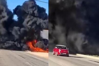 Lastikçide karayolunu trafiğe kapatan yangın